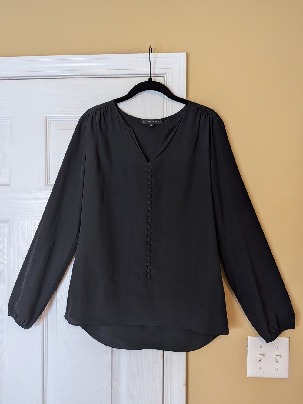 Antonio Melani Black Button Front Blouse Size Small Minimalist Elevated Basics